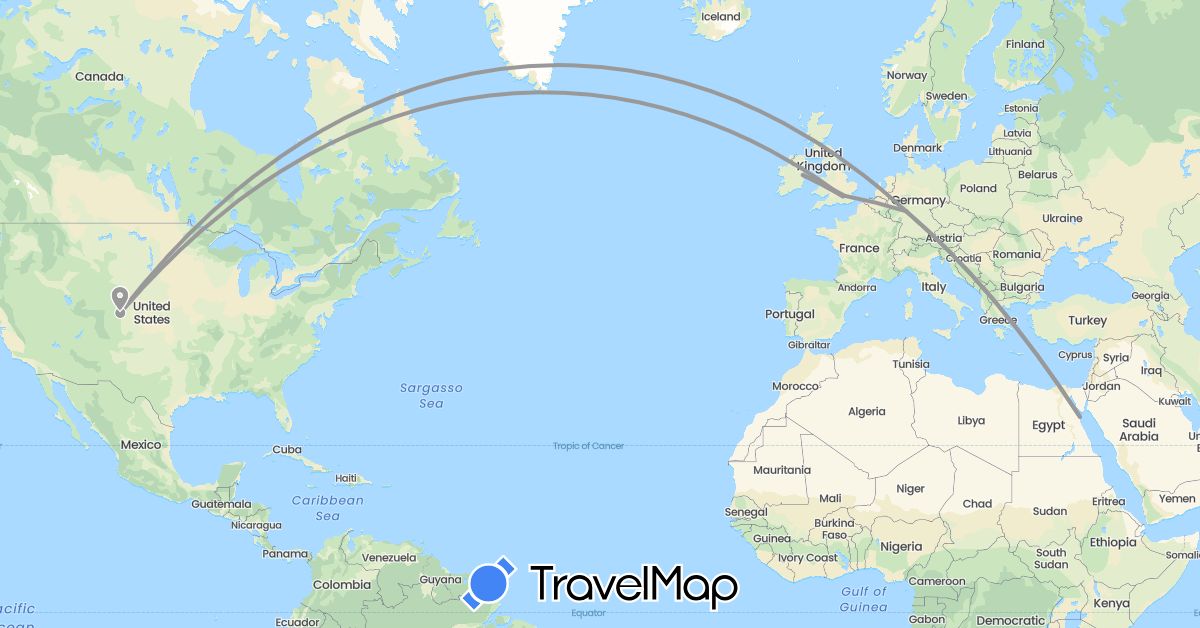 TravelMap itinerary: driving, plane in Germany, Egypt, United Kingdom, Ireland, United States (Africa, Europe, North America)